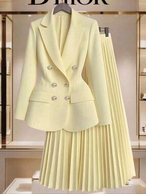 Women's Gold Button Decor Blazer + Pleated Skirt Elegant